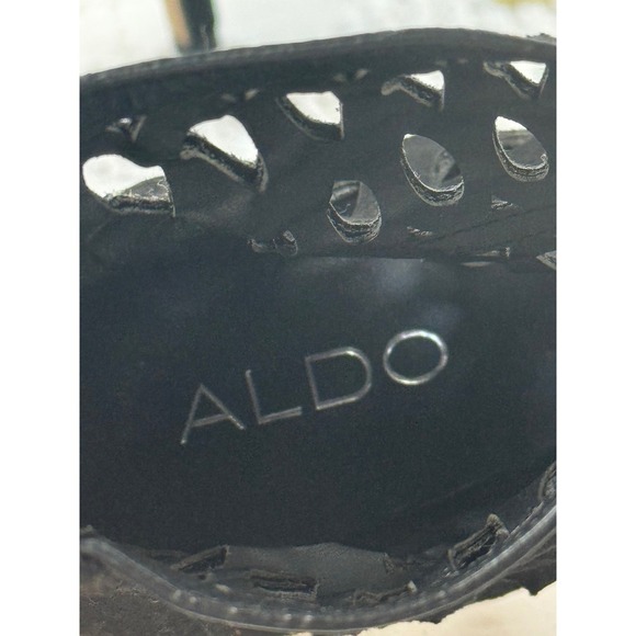 ALDO Black Suede Leather Peep Toe Laser Cutout Heeled Ankle Booties 7W - Picture 7 of 8
